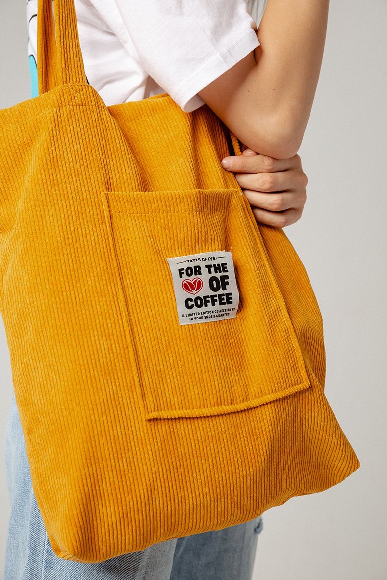 For the Love of Coffee Tote Bag Merchandise Cilantro Mustard Velvet 
